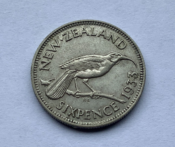1933 higher grade New Zealand Sixpence coin .500 silver